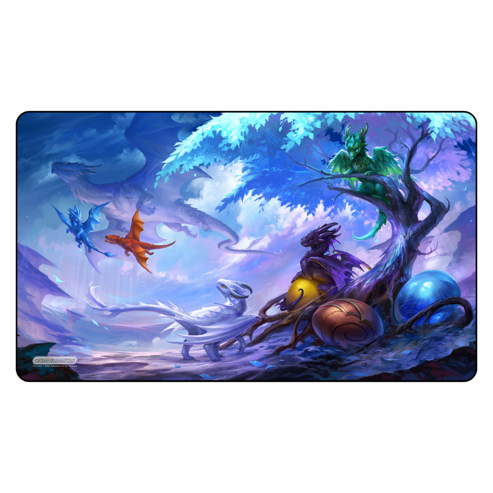 Fantasy scene with dragons and a tree on a blue background