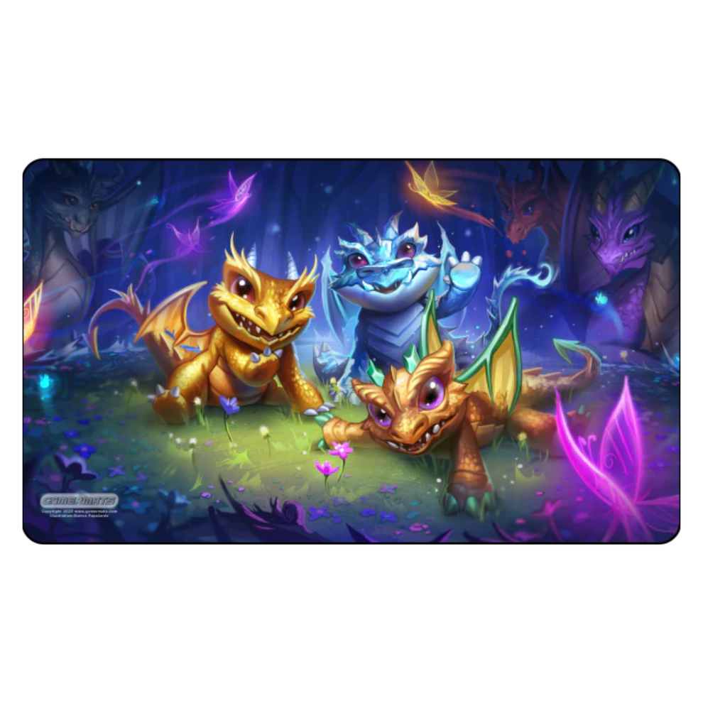 Colorful dragon-themed playmat with cartoon dragons on a dark background
