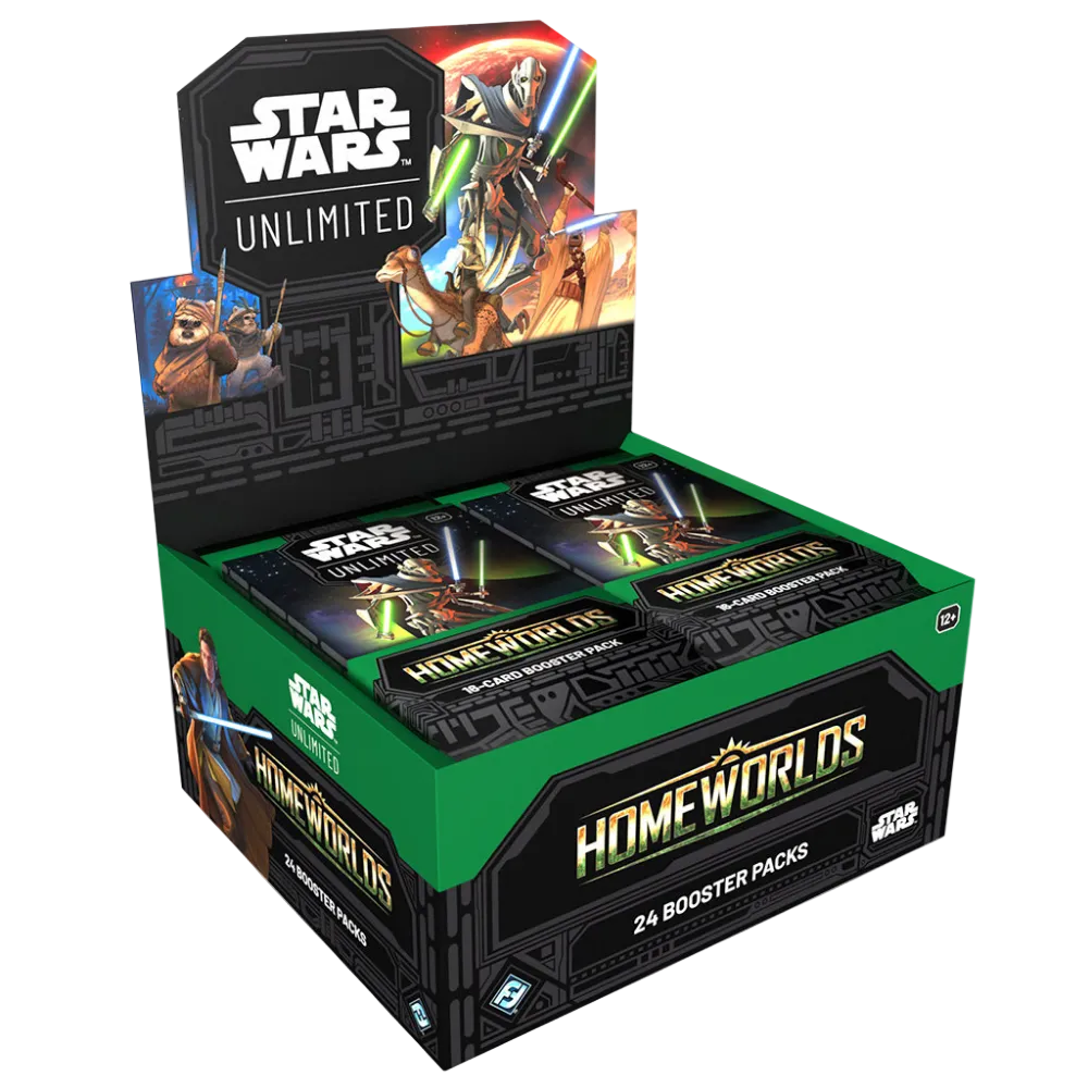 Star Wars The Home Worlds Unlimited booster pack display box containing 24 booster packs, featuring green and black packaging with character artwork on a white background.