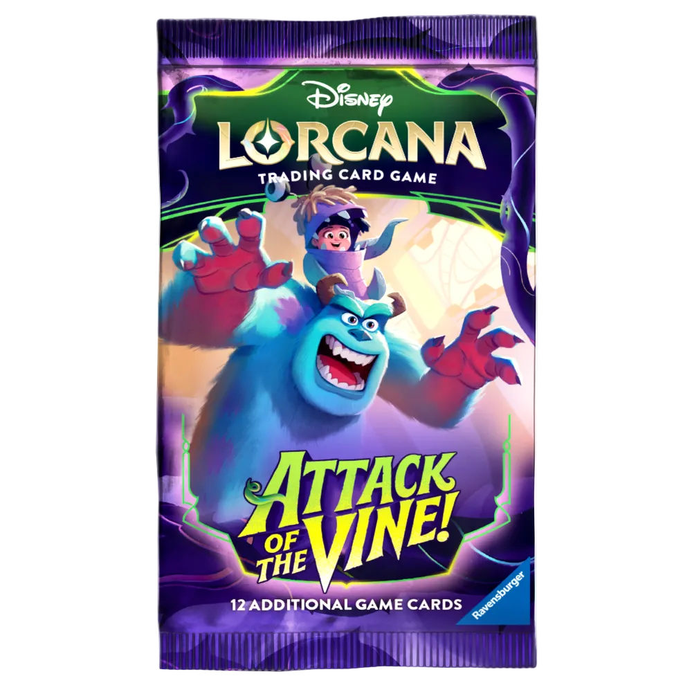 Disney Lorcana trading card game pack with characters and 'Attack of the Vine!' text on a purple background
