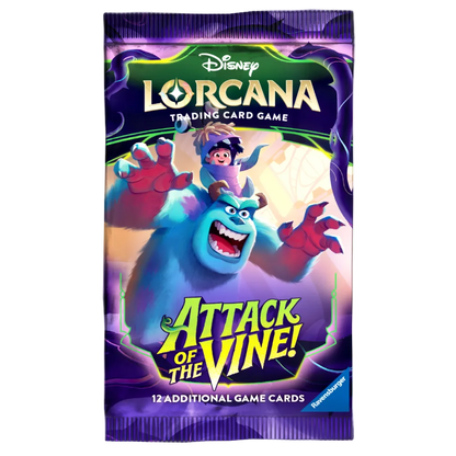 Disney Lorcana trading card game pack with characters and 'Attack of the Vine!' text on a purple background