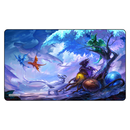 Fantasy scene with dragons and a tree on a blue background