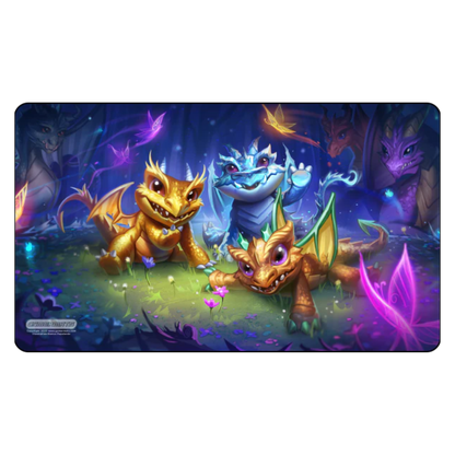 Colorful dragon-themed playmat with cartoon dragons on a dark background