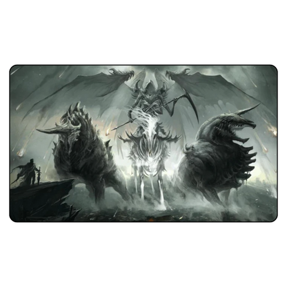 Fantasy scene with dragons and a glowing figure in the center, on a dark background.