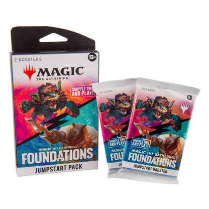 Magic: The Gathering Foundations jumpstart pack box with two individual booster packs displayed in front on a clean white background.