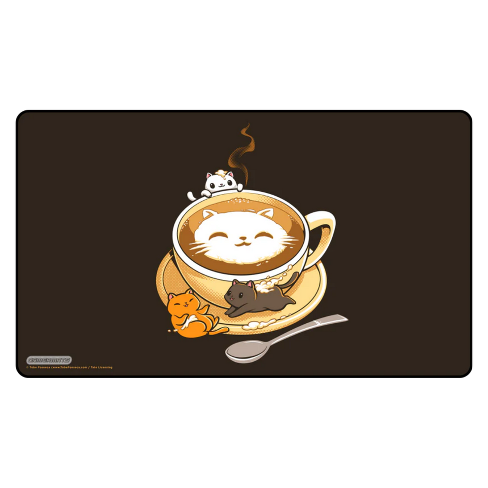 Playmat with a design of a coffee cup with a cat face, surrounded by small cats on a black background.