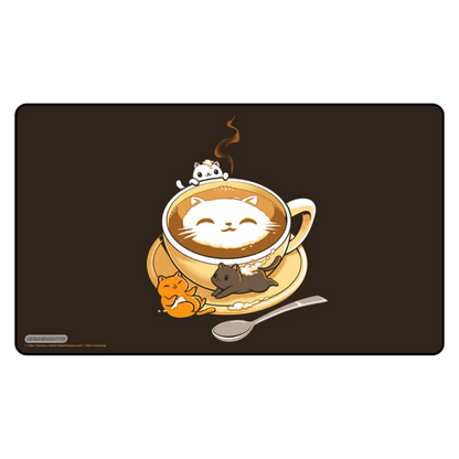 Playmat with a design of a coffee cup with a cat face, surrounded by small cats on a black background.