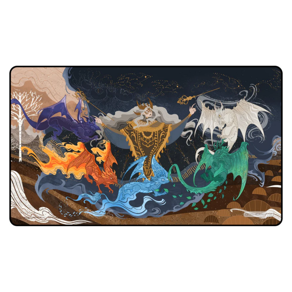 Playmat with colorful dragon design on a dark background