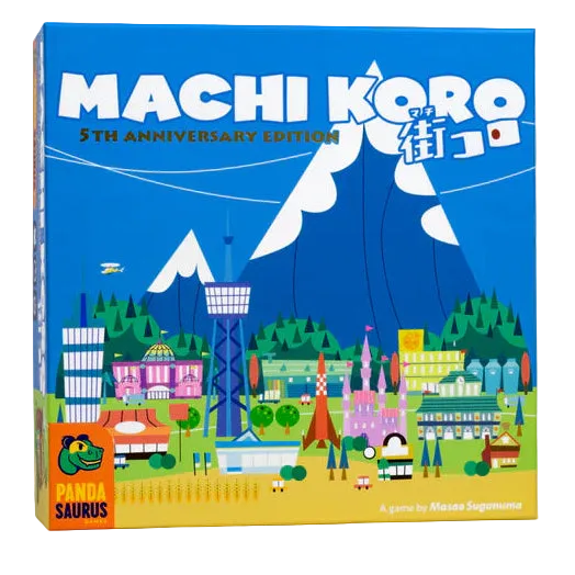 Board game box for 'Machi Koro' with colorful illustration of a town on a white background