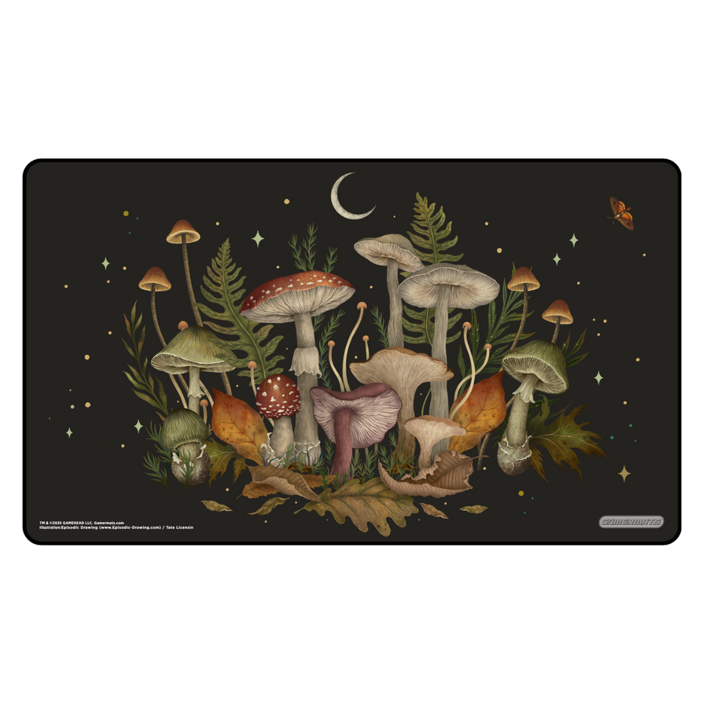 Playmat with illustrated mushrooms and foliage on a dark background