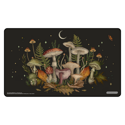 Playmat with illustrated mushrooms and foliage on a dark background