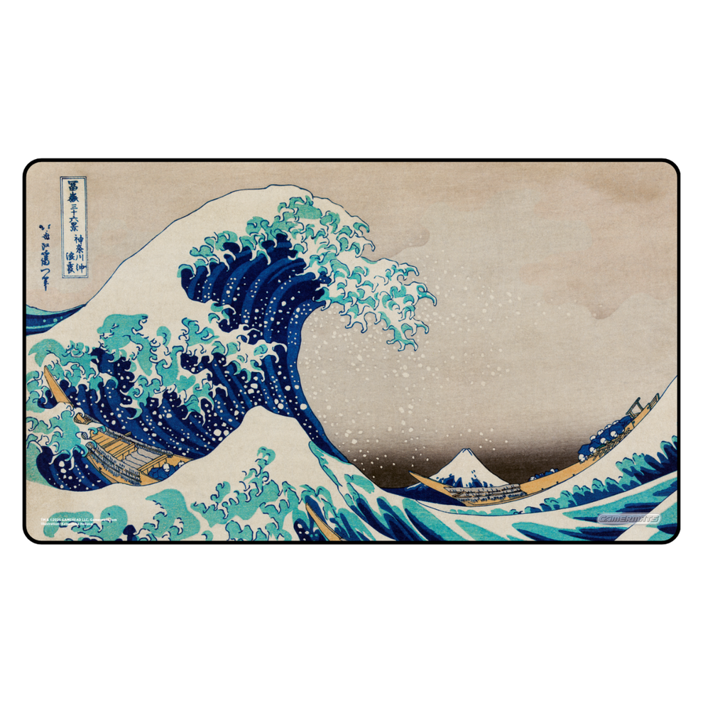 Famous artwork of a the great wave with Mount Fuji in the background