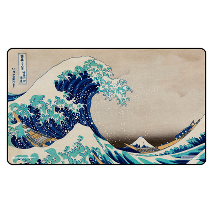 Famous artwork of a the great wave with Mount Fuji in the background